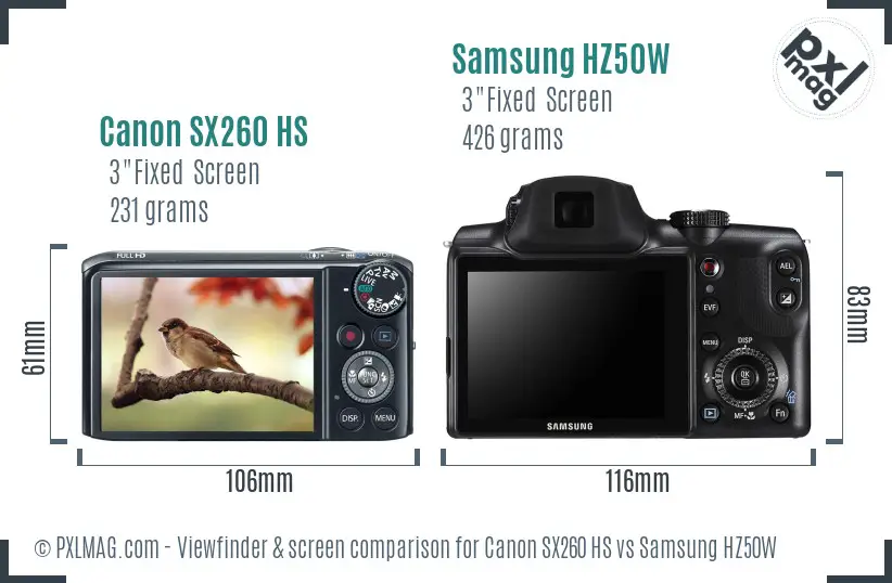 Canon SX260 HS vs Samsung HZ50W Screen and Viewfinder comparison