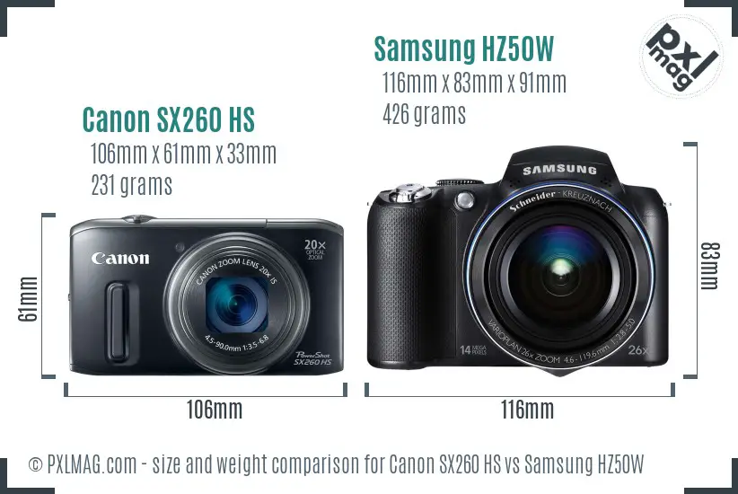 Canon SX260 HS vs Samsung HZ50W size comparison