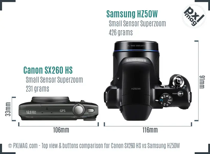 Canon SX260 HS vs Samsung HZ50W top view buttons comparison