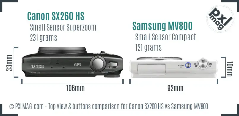 Canon SX260 HS vs Samsung MV800 top view buttons comparison Canon SX260 HS vs Samsung MV800 top view buttons comparison