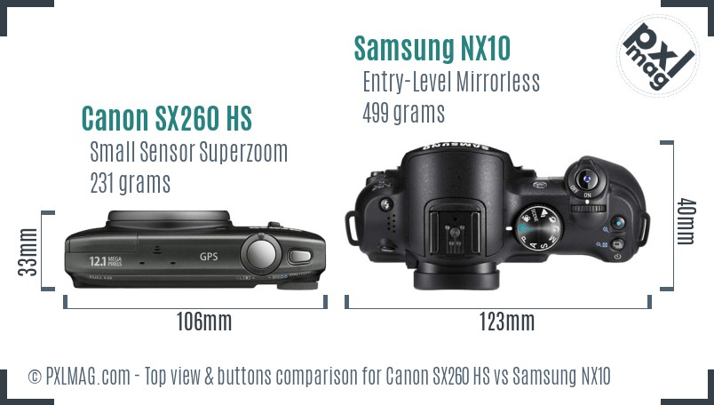 Canon SX260 HS vs Samsung NX10 top view buttons comparison