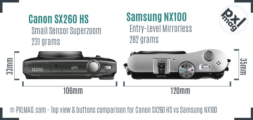 Canon SX260 HS vs Samsung NX100 top view buttons comparison