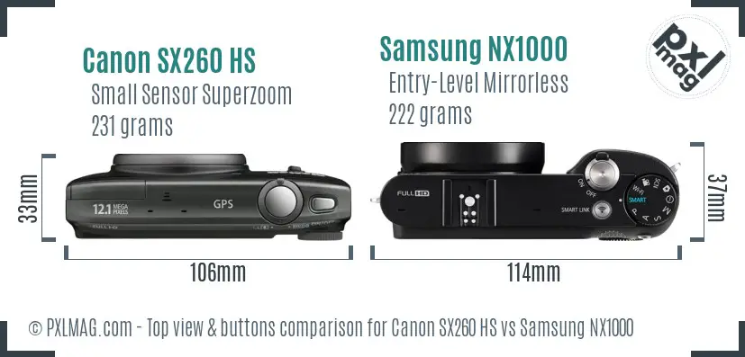 Canon SX260 HS vs Samsung NX1000 top view buttons comparison