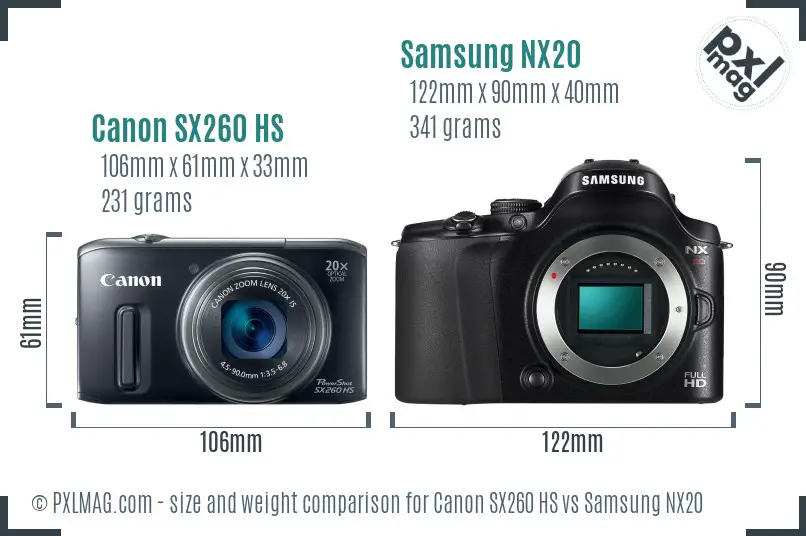 Canon SX260 HS vs Samsung NX20 size comparison