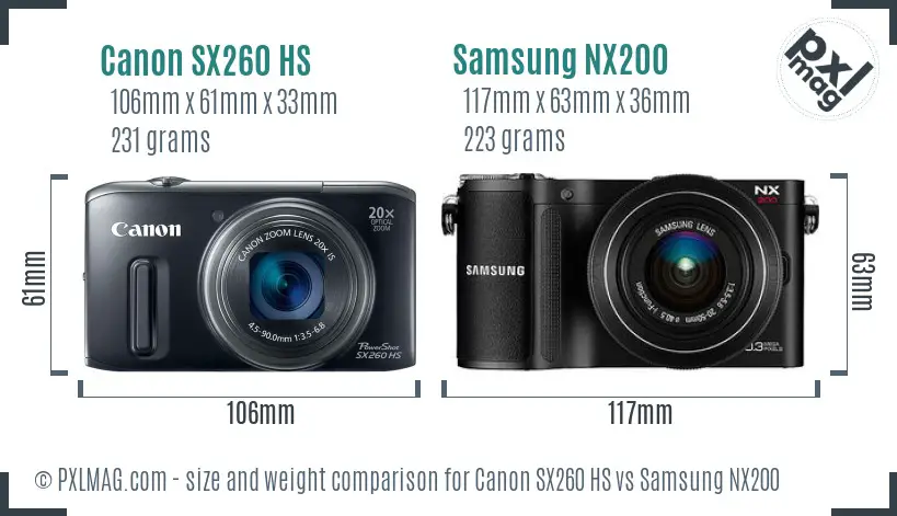 Canon SX260 HS vs Samsung NX200 size comparison