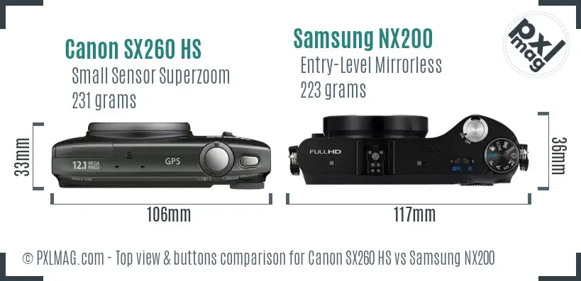 Canon SX260 HS vs Samsung NX200 top view buttons comparison