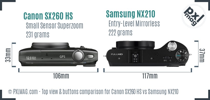 Canon SX260 HS vs Samsung NX210 top view buttons comparison