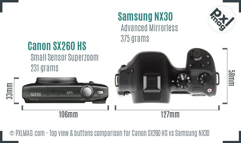 Canon SX260 HS vs Samsung NX30 top view buttons comparison Canon SX260 HS vs Samsung NX30 top view buttons comparison