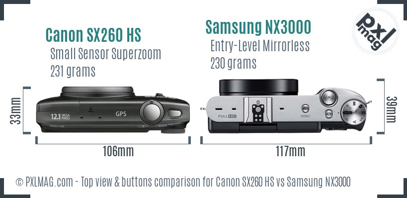 Canon SX260 HS vs Samsung NX3000 top view buttons comparison