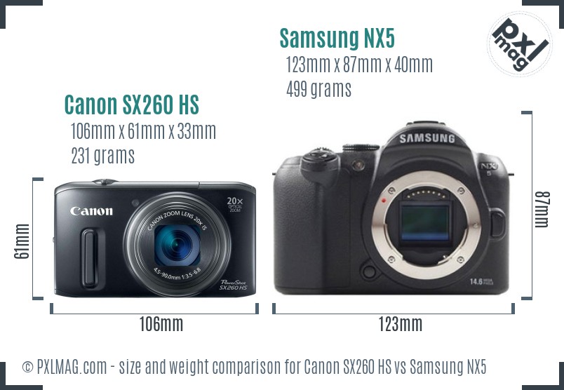 Canon SX260 HS vs Samsung NX5 size comparison