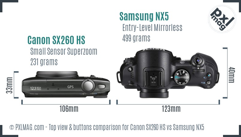 Canon SX260 HS vs Samsung NX5 top view buttons comparison
