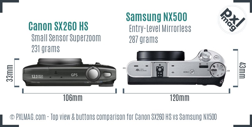 Canon SX260 HS vs Samsung NX500 top view buttons comparison