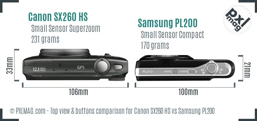 Canon SX260 HS vs Samsung PL200 top view buttons comparison