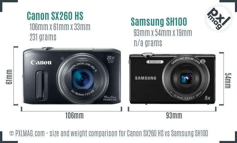 Canon SX260 HS vs Samsung SH100 size comparison