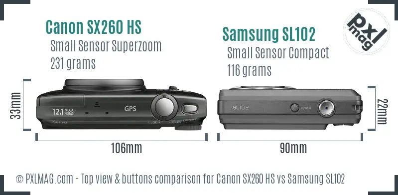 Canon SX260 HS vs Samsung SL102 top view buttons comparison