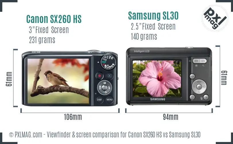Canon SX260 HS vs Samsung SL30 Screen and Viewfinder comparison