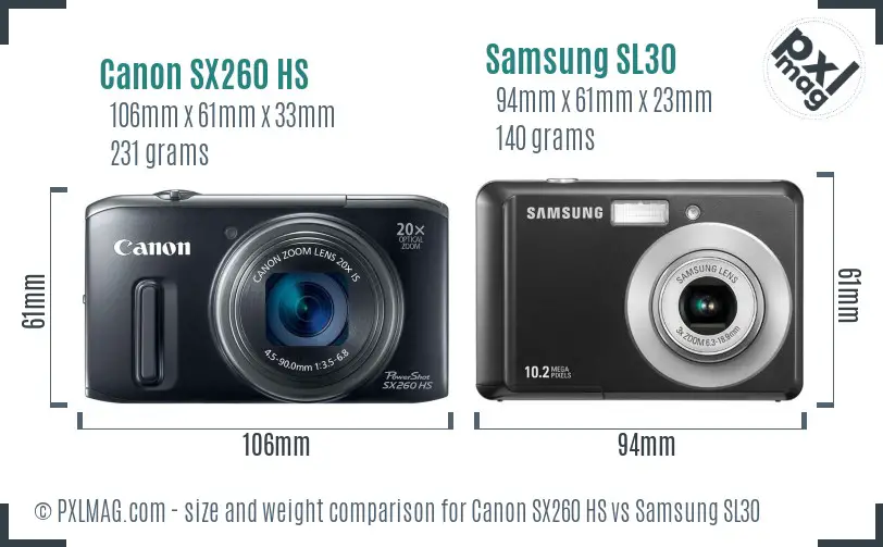 Canon SX260 HS vs Samsung SL30 size comparison