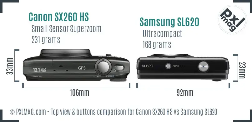 Canon SX260 HS vs Samsung SL620 top view buttons comparison Canon SX260 HS vs Samsung SL620 top view buttons comparison