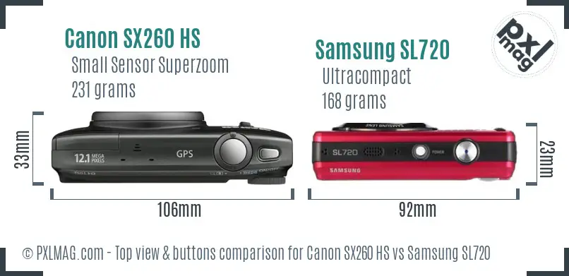 Canon SX260 HS vs Samsung SL720 top view buttons comparison Canon SX260 HS vs Samsung SL720 top view buttons comparison