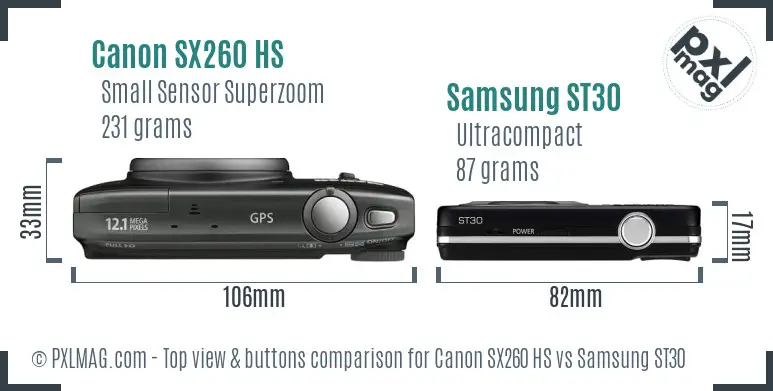 Canon SX260 HS vs Samsung ST30 top view buttons comparison Canon SX260 HS vs Samsung ST30 top view buttons comparison