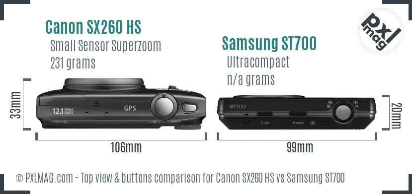 Canon SX260 HS vs Samsung ST700 top view buttons comparison Canon SX260 HS vs Samsung ST700 top view buttons comparison