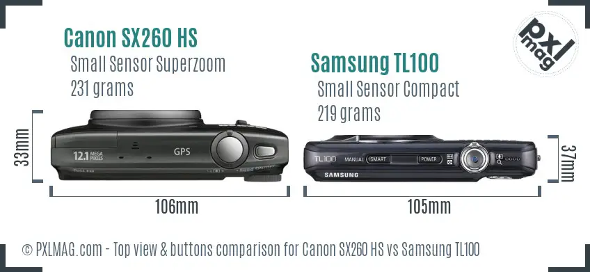 Canon SX260 HS vs Samsung TL100 top view buttons comparison Canon SX260 HS vs Samsung TL100 top view buttons comparison