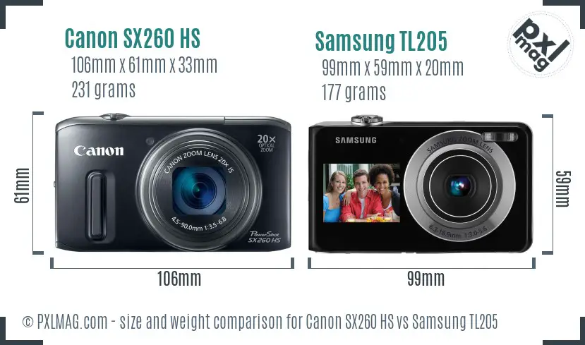 Canon SX260 HS vs Samsung TL205 size comparison