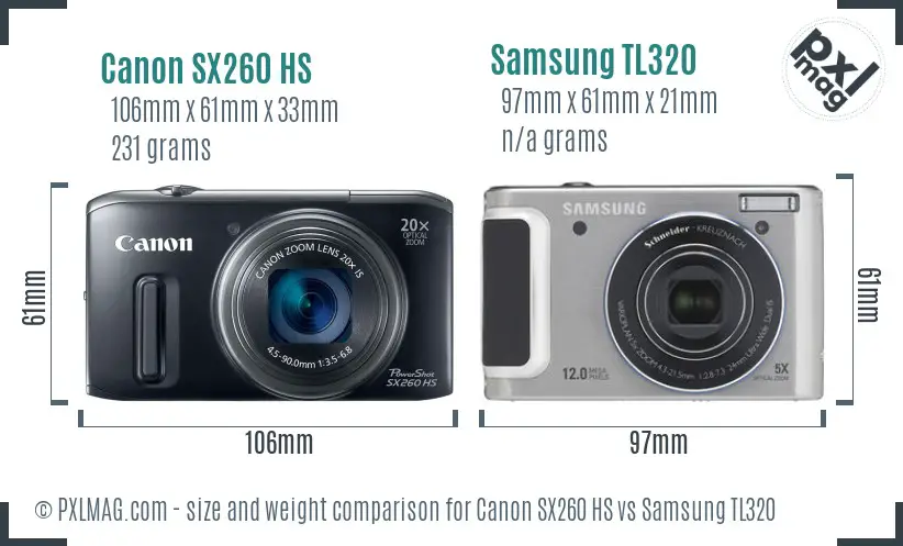 Canon SX260 HS vs Samsung TL320 size comparison