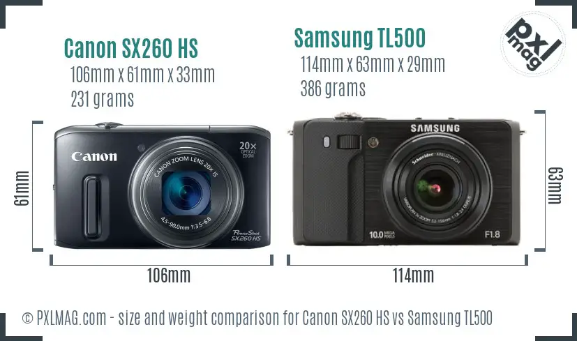 Canon SX260 HS vs Samsung TL500 size comparison