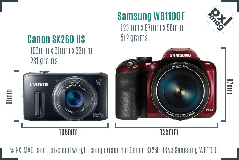 Canon SX260 HS vs Samsung WB1100F size comparison