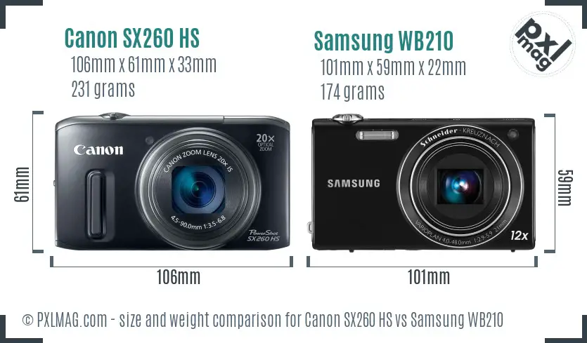 Canon SX260 HS vs Samsung WB210 size comparison