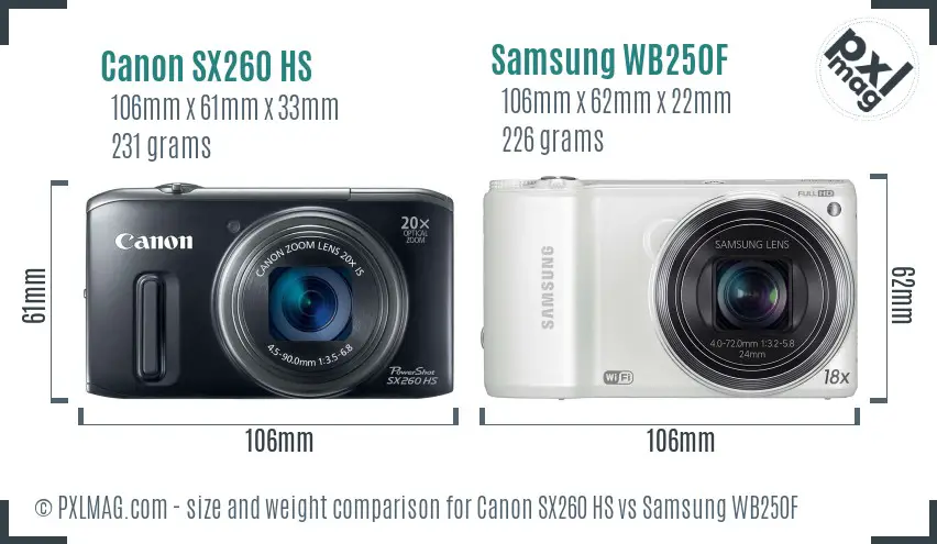 Canon SX260 HS vs Samsung WB250F size comparison