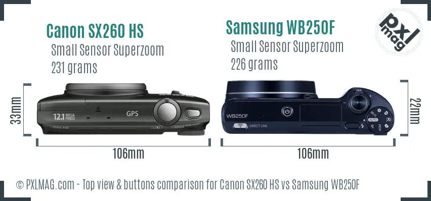 Canon SX260 HS vs Samsung WB250F top view buttons comparison