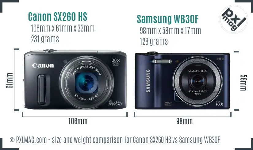 Canon SX260 HS vs Samsung WB30F size comparison