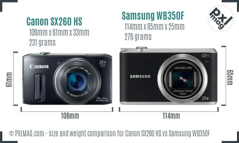 Canon SX260 HS vs Samsung WB350F size comparison