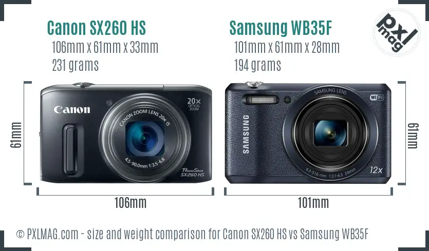 Canon SX260 HS vs Samsung WB35F size comparison