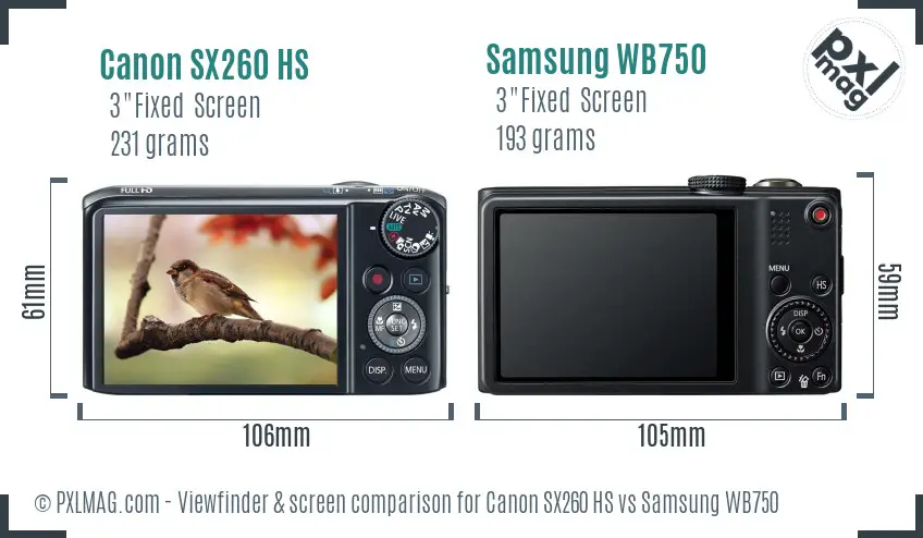 Canon SX260 HS vs Samsung WB750 Screen and Viewfinder comparison