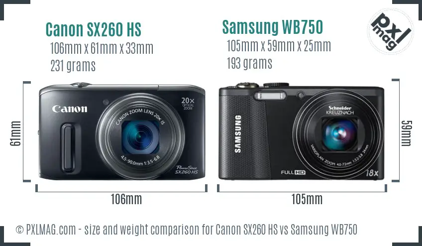Canon SX260 HS vs Samsung WB750 size comparison