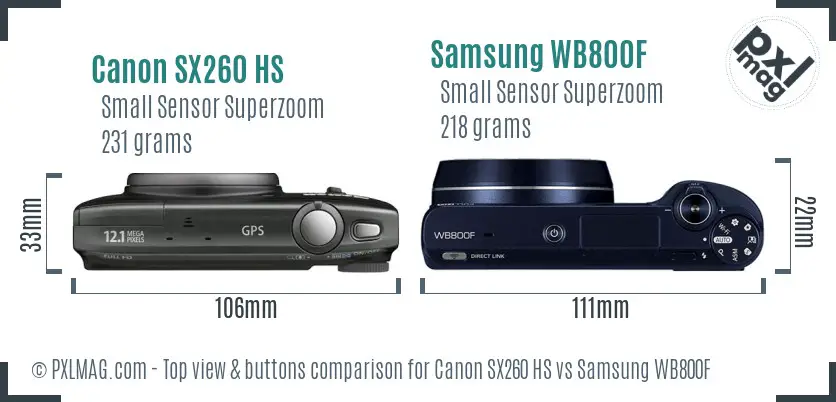 Canon SX260 HS vs Samsung WB800F top view buttons comparison Canon SX260 HS vs Samsung WB800F top view buttons comparison
