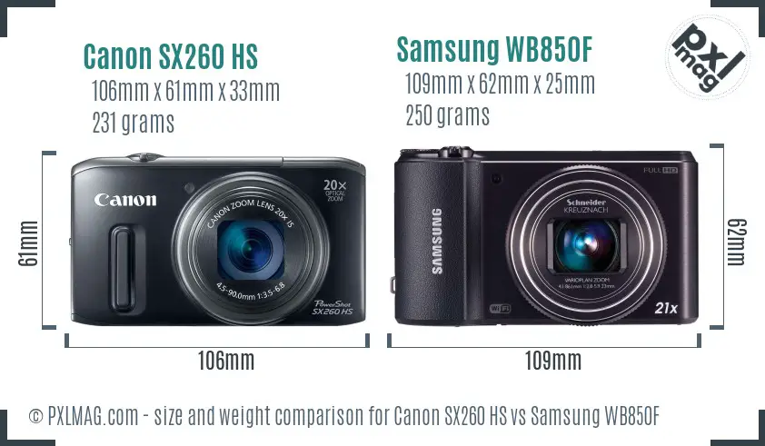 Canon SX260 HS vs Samsung WB850F size comparison