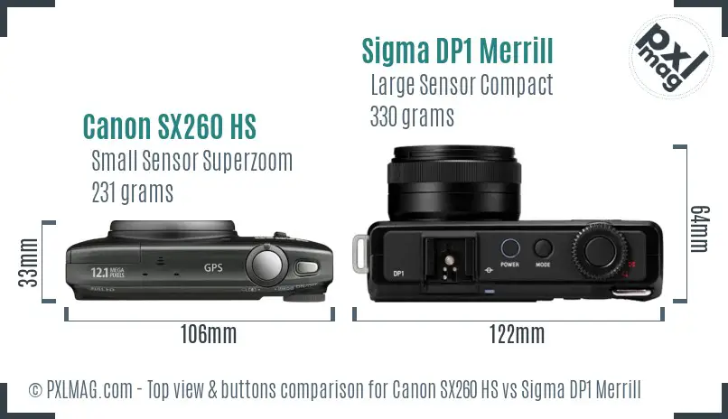 Canon SX260 HS vs Sigma DP1 Merrill top view buttons comparison Canon SX260 HS vs Sigma DP1 Merrill top view buttons comparison