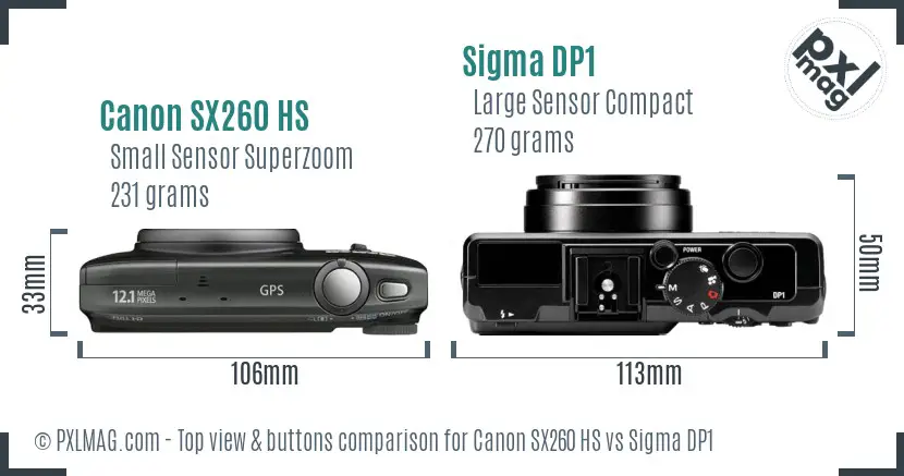 Canon SX260 HS vs Sigma DP1 top view buttons comparison