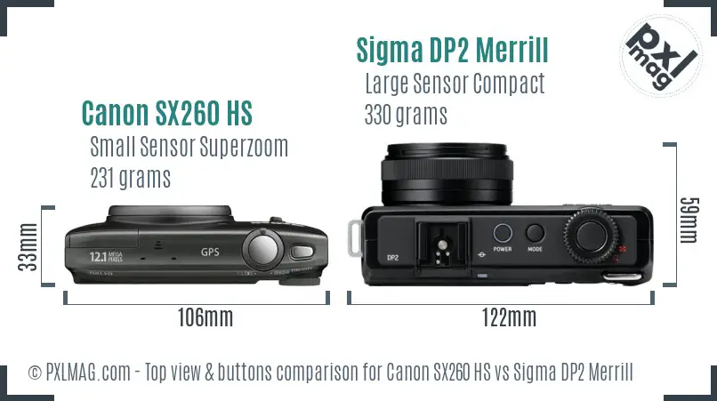 Canon SX260 HS vs Sigma DP2 Merrill top view buttons comparison Canon SX260 HS vs Sigma DP2 Merrill top view buttons comparison