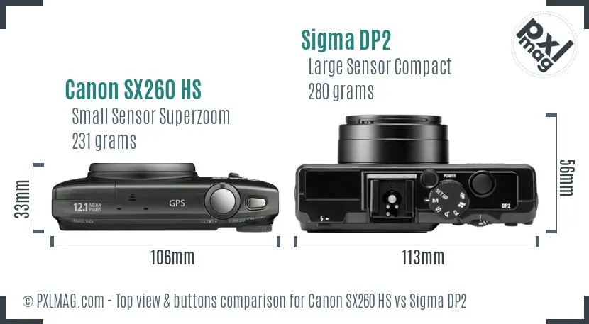 Canon SX260 HS vs Sigma DP2 top view buttons comparison Canon SX260 HS vs Sigma DP2 top view buttons comparison