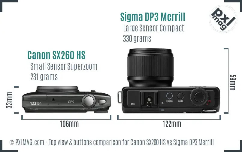 Canon SX260 HS vs Sigma DP3 Merrill top view buttons comparison Canon SX260 HS vs Sigma DP3 Merrill top view buttons comparison