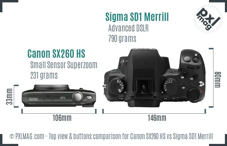 Canon SX260 HS vs Sigma SD1 Merrill top view buttons comparison Canon SX260 HS vs Sigma SD1 Merrill top view buttons comparison
