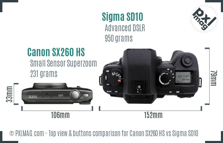 Canon SX260 HS vs Sigma SD10 top view buttons comparison