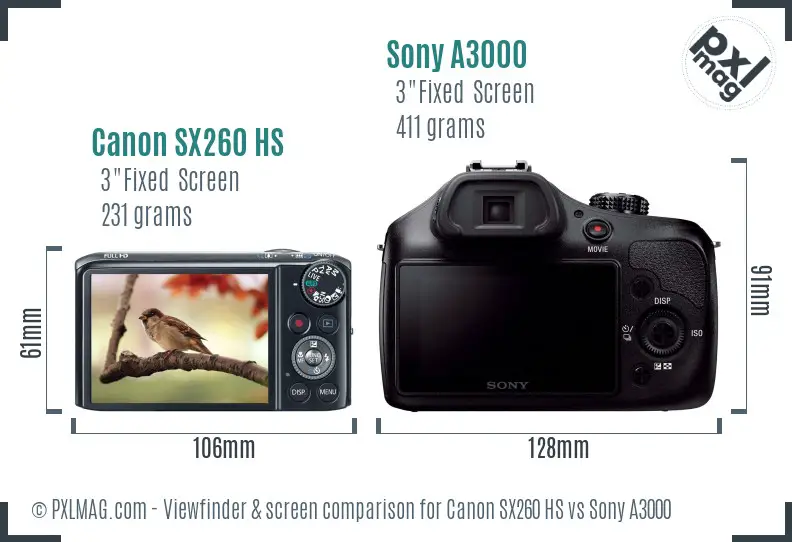 Canon SX260 HS vs Sony A3000 Screen and Viewfinder comparison