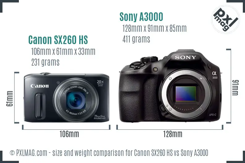Canon SX260 HS vs Sony A3000 size comparison