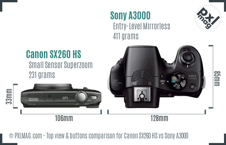 Canon SX260 HS vs Sony A3000 top view buttons comparison